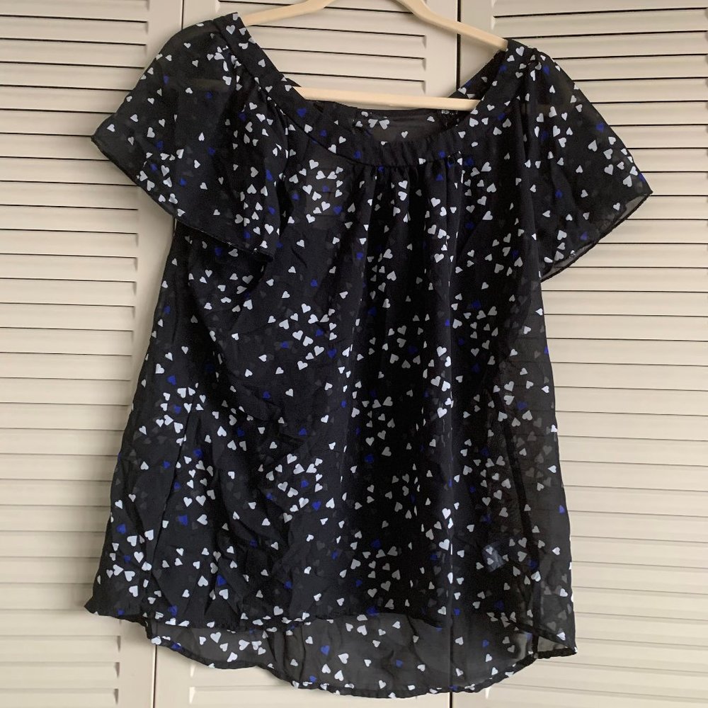 Sheer top with blue/white hearts and keyhole back